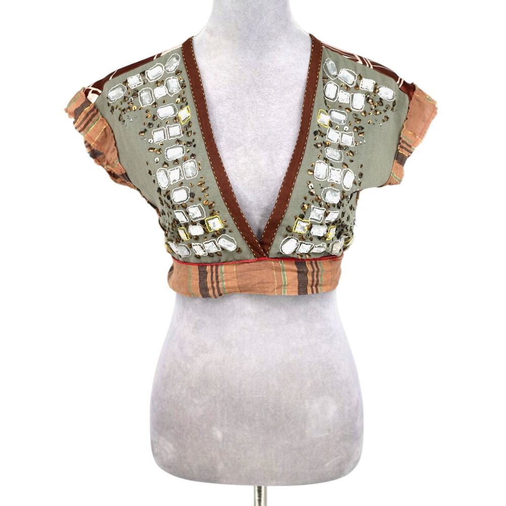 A Common Thread Top Womens Small Green Brown Beads Wrap Blouse Low Cut India